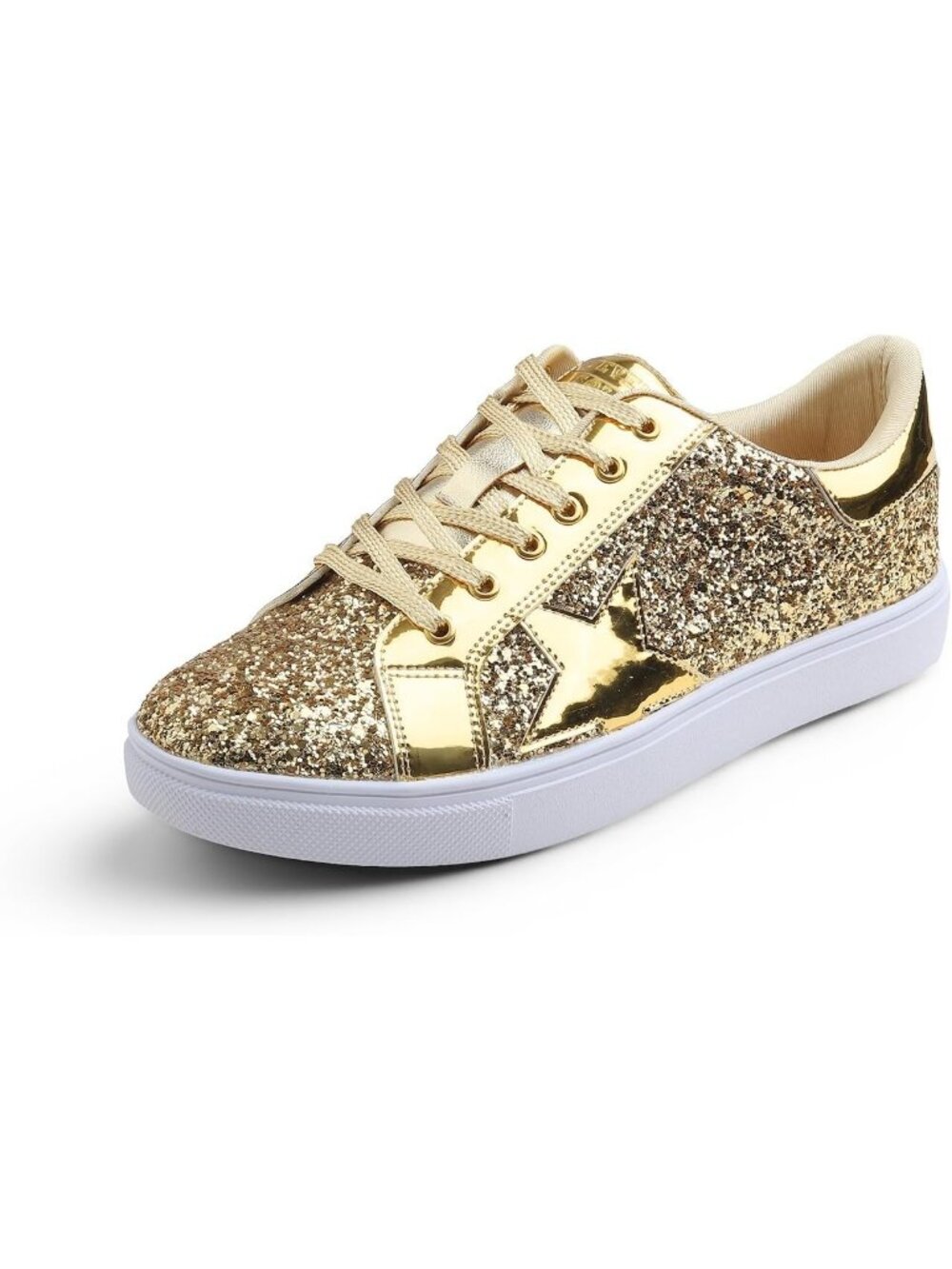 Women's Gold Glitter Star Lace Up Sparkly Party Shiny Stylish Fashion Sneakers